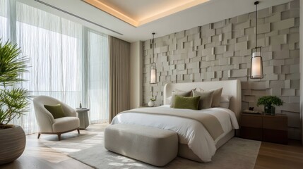 Fototapeta premium Neutral-toned bedroom with sculpted ceiling panels and fabric-covered accent wall, natural side light diffusing across textured linen surfaces, palette