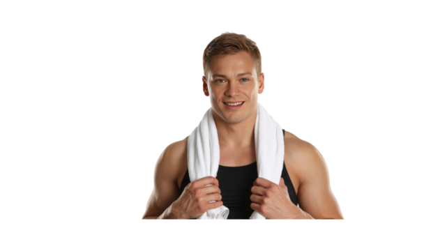 Happy Fit Young Man with Towel Around Neck After Workout