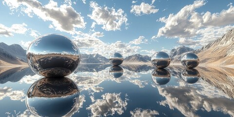 A surreal landscape where giant floating liquid metal spheres ripple with energy
