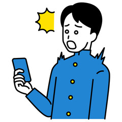 スマートフォンの画面を見て驚く男子学生