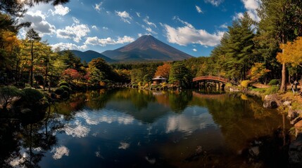Fototapeta premium Autumn Japanese Garden Landscape With Mountain Reflection