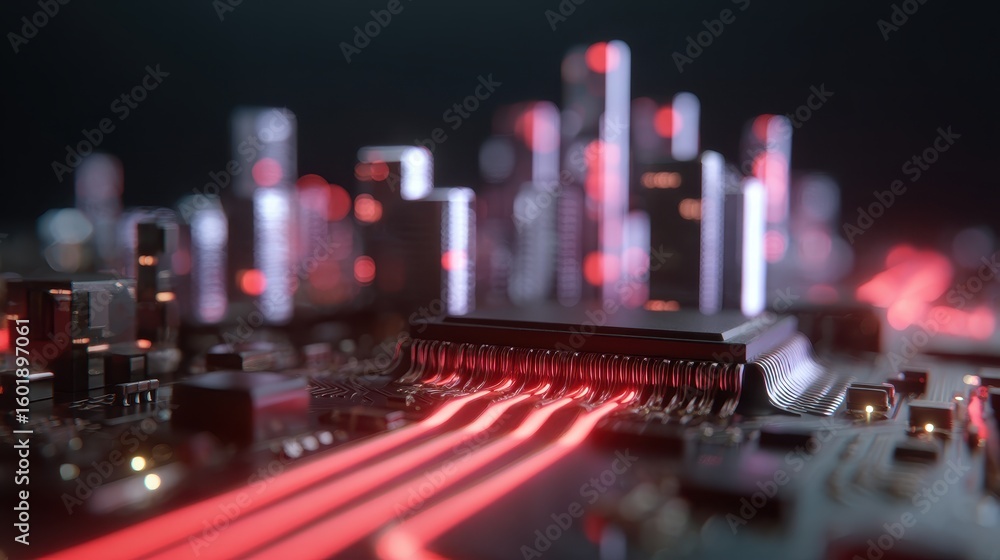 Poster futuristic cityscape inside computer chip with glowing red elements
