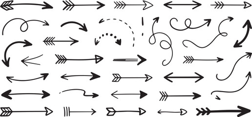 A Collection of Hand Drawn Black Arrows Various Styles and Directions Vector Illustration Set