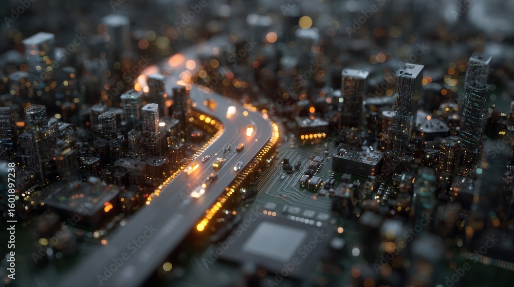 Aufkleber futuristic cityscape with microscopic view of a computer chip design