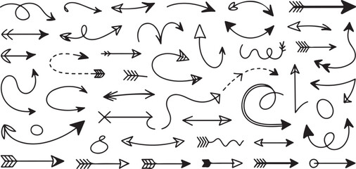 Hand Drawn Black Arrow Collection Diverse Styles Straight Curved Swirls Dashed Lines Simple Geometric Tribal Boho Vector Graphics