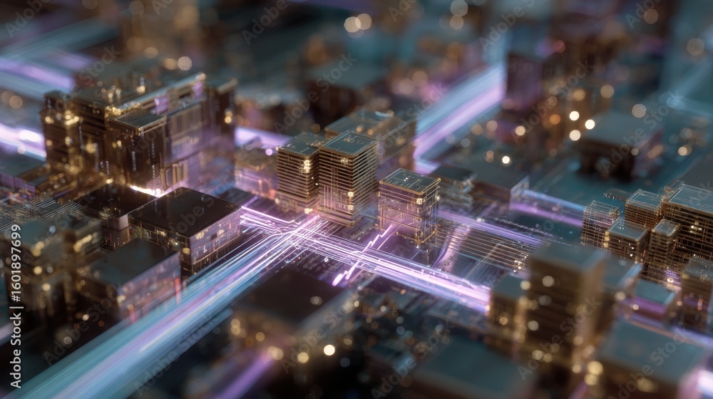 Poster futuristic microscopic view inside a complex computer chip with neon networks
