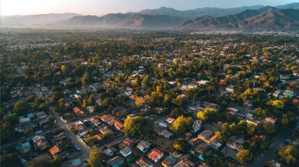 Aerial view of a densely populated town with mountain range in the background houses  lush trees dominate the scene
