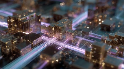 Futuristic microscopic view inside a complex computer chip with neon networks