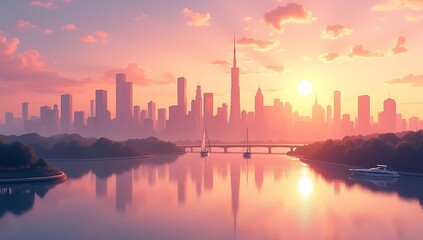 A peaceful city skyline bathed in golden sunlight, just moments after sunrise. Skyscrapers stretch into the warm sky, and their silhouettes are mirrored flawlessly in a tranquil river.

