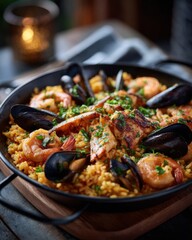 Close Up of Seafood Paella with Mussels, Shrimp, and Fish in a Black Pan