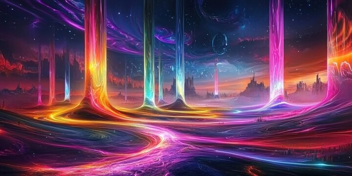 A surreal landscape where pulsating neon energy flows like liquid between floating structures