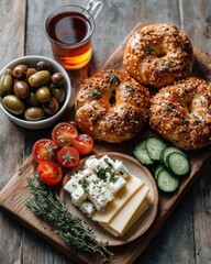 A Wooden Board Presents a Delightful Array of Bagels, Olives, and Refreshing Tea