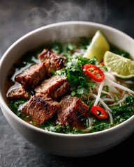 A Close-Up Shot of a Steaming Bowl of Beef Pho with Fresh Garnishes
