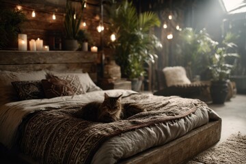 Cozy Cat Nap in a Rustic Bohemian Bedroom