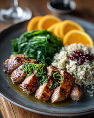 Grilled Duck Breast with Orange Slices, Rice, and Greens