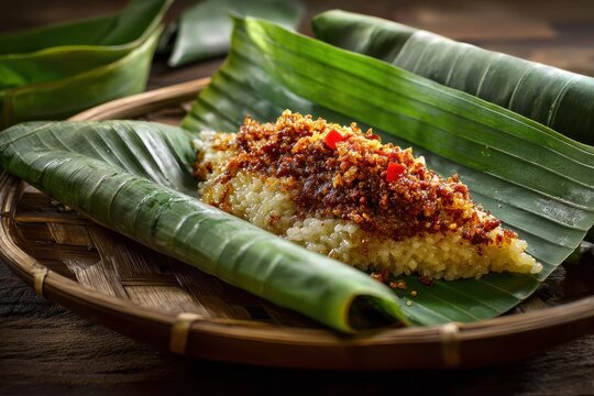 Jadah on banana leaf is a dish of pureed glutinous rice in Indonesia