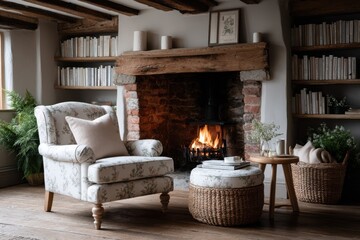 Cozy Cottage Living Room with Fireplace and Floral Armchair