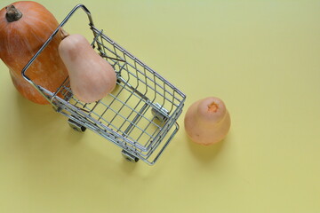 shopping cart in the basketCarrito de supermercado, alimento, zapallo anco  , zapallitos pequeños, sobre fondo amarillo, contraste  , colores ,naranja, amarillo, de compras, comprar ,