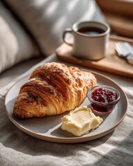 A Delicious Breakfast of Croissant, Butter, and Jam