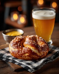 Soft Pretzel with Beer and Mustard on Wooden Table