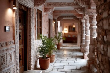 Ornate Corridor with Intricate Carvings and Potted Plants