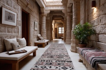 Ornate Corridor With Benches and Decorated Columns in a Historical Building