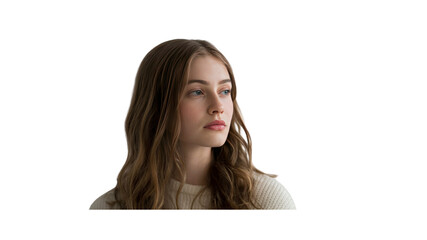 Pensive Young Woman with Long Brown Hair Looking Away, Portrait