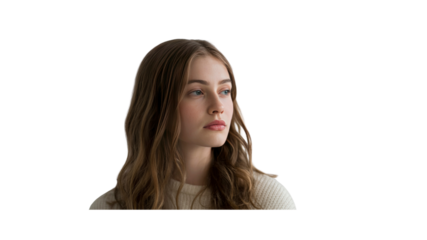 Pensive Young Woman with Long Brown Hair Looking Away, Portrait