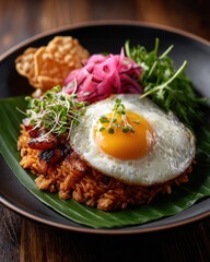 Delicious Fried Rice with Crispy Egg and Garnishes