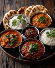 Delicious Indian Food Platter with Naan Bread and Various Curries