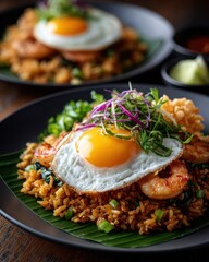Delicious Shrimp Fried Rice with Fried Egg and Garnishes