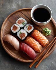 Delicious Sushi Platter with Soy Sauce and Wasabi
