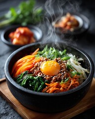 Steaming Hot Bibimbap in a Black Stone Bowl