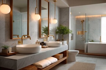 Luxurious Modern Marble Bathroom with Double Sinks and Freestanding Tub