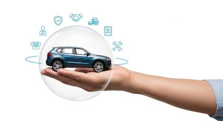 Hand holding a car inside a protective bubble with insurance icons