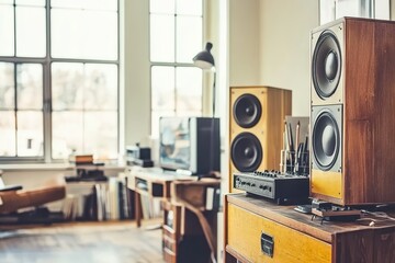 Vintage audio equipment displayed in a room.