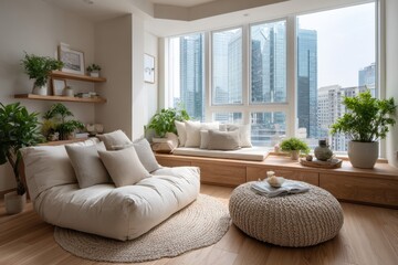 Interior Design Of A Modern Living Room With City Views And Natural Light