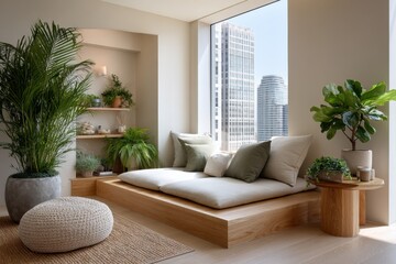 Indoor Zen Oasis with City Views, a Relaxing and Serene Atmosphere