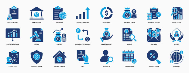 Accounting and Taxes icons Set. Containing accounting, taxes, financial, tax office, development, money, profit and investment. Simple Flat Vector Illustration.