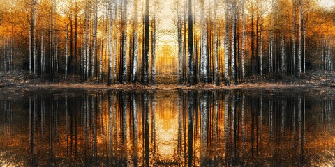 A surreal metallic forest reflecting light like a mirror, forming mesmerizing patterns