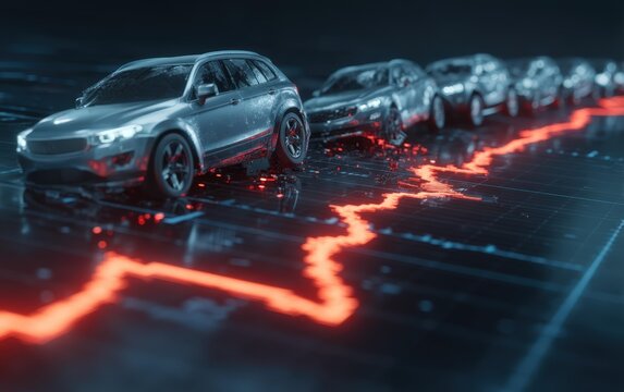 Birds-eye view of sleek silver electric cars on a futuristic platform with a glowing red data line, conveying growth and change