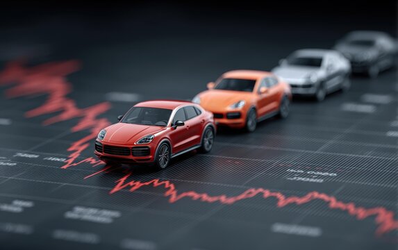 Miniature Cars on a Financial Chart Illustrating Market Trends and Business Concepts in an Artistic Top-Down Perspective - Powered by Adobe