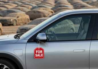 New Electric SUV in the Spotlight: A Pristine Silver Vehicle for Sale with a 'FOR SALE' Tag and Background of Dust-Covered Cars