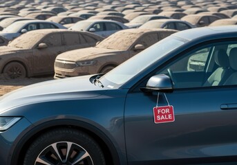 Fototapeta premium New Electric SUV in Foreground with 'FOR SALE' Tag Contrasts Dusty Cars Supply Chain Issues or Abandoned? Dramatic Scene