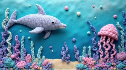 Obraz premium Colorful Handmade Crochet Underwater Scene with Shark and Jellyfish on Blue Background