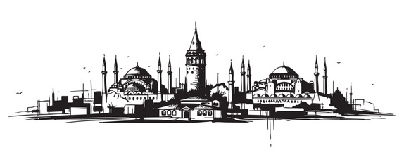 Naklejka premium istanbul turkey cityscape tall building engraving sketch vector illustration
