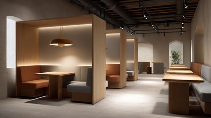 Shared workspace with modular wood-framed booths and soft ambient glows, dusty rose and ash beige tones, ceiling track lighting
