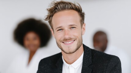 Confident smiling businessman in a suit with colleagues in background success