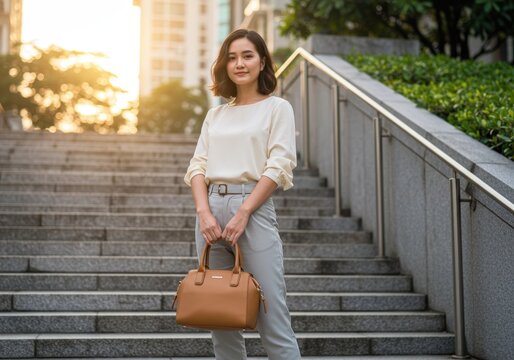 Portrait woman fashion style stairs urban city lifestyle handbag elegant casual look