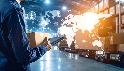 Warehouse worker with digital global shipping interface